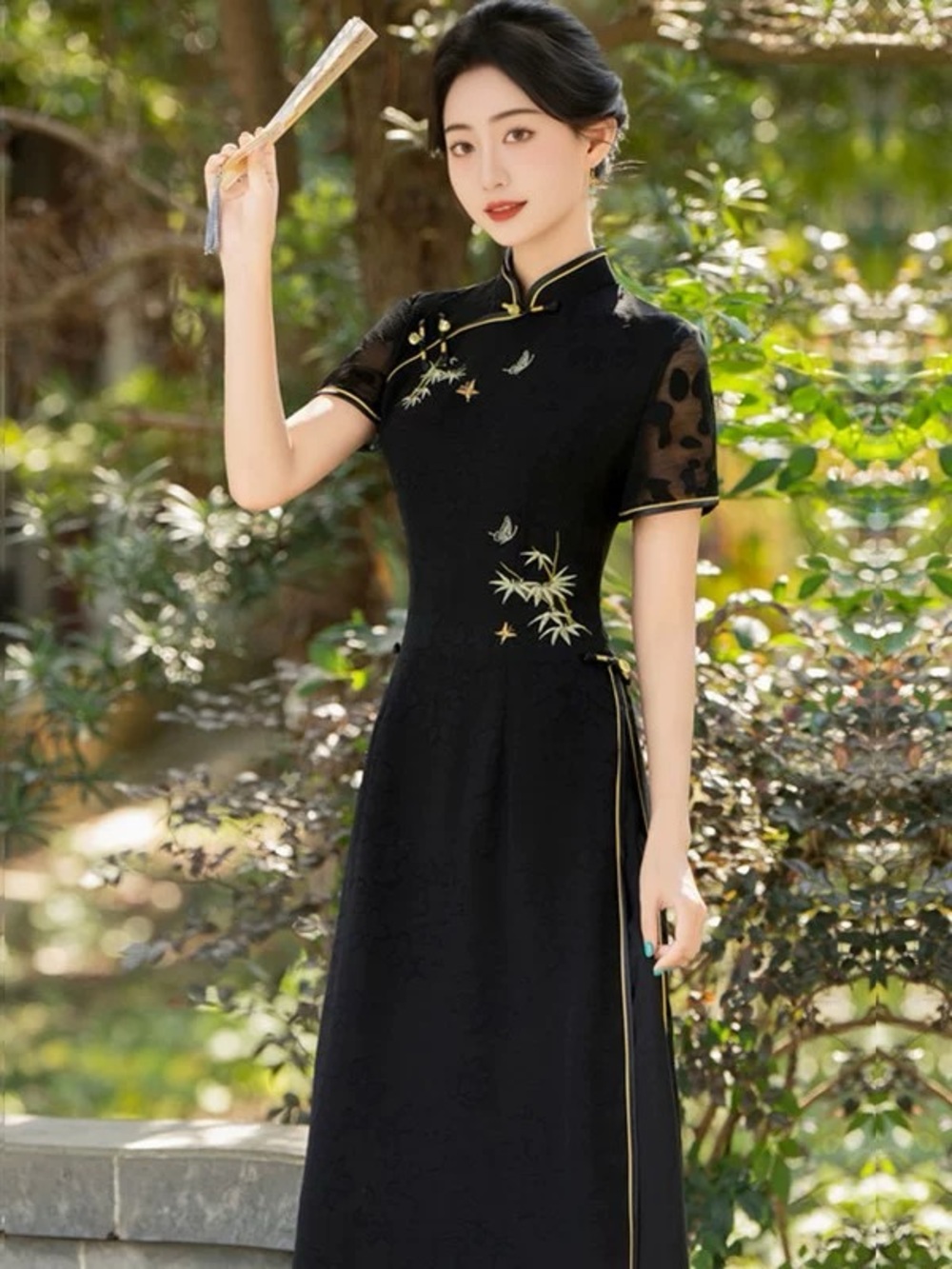 A41 Black Midi Cheongsam-Style Dress with Gold Bamboo Embroidery